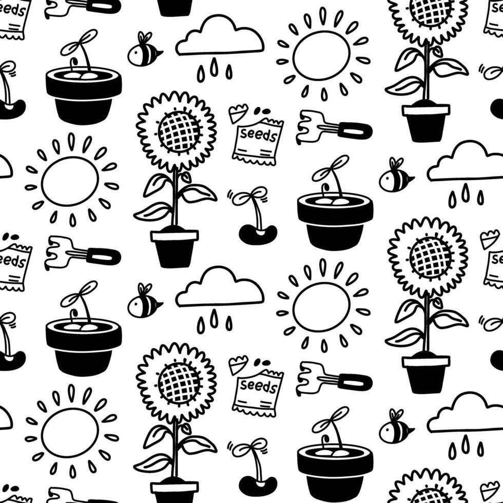 pattern of garden plants, nature, and seeds in doodle style, highlighted on a white background. The texture is in the theme of planting plants. Spring motifs and garden elements, tools. Monochrome vector