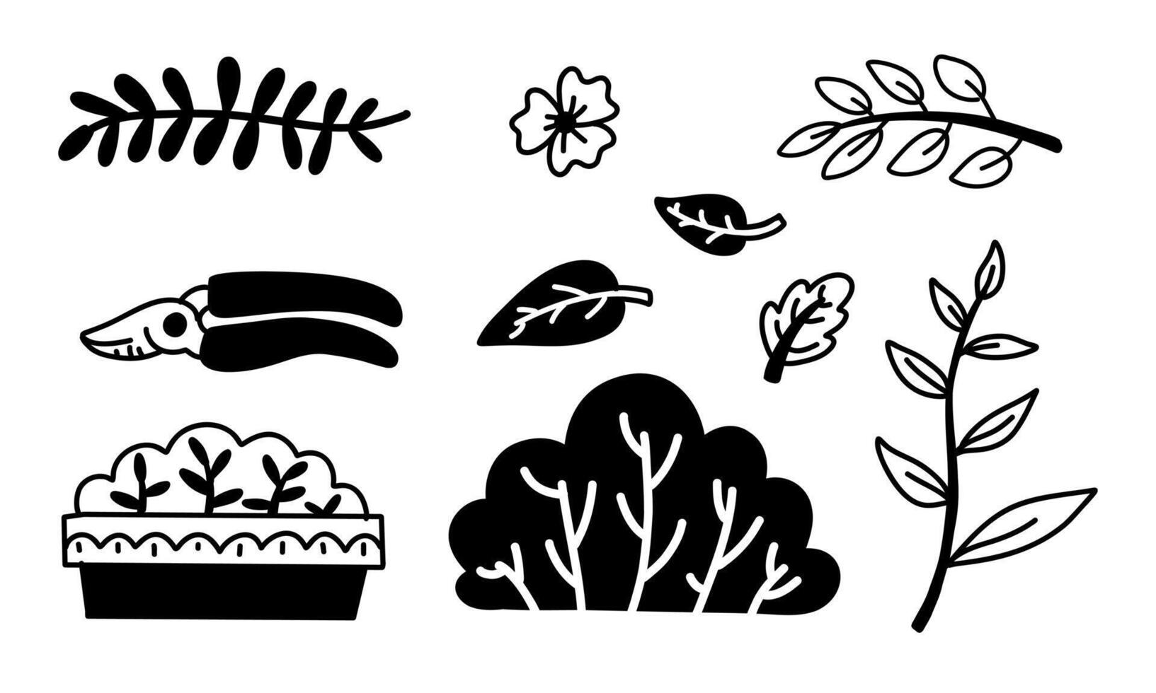 set of garden bushes, leaves, pruning shears. Plant care. Spring, garden. Isolated illustration on white. Monochrome illustration in form of flat doodles. set tools for the garden. Branches of plants vector