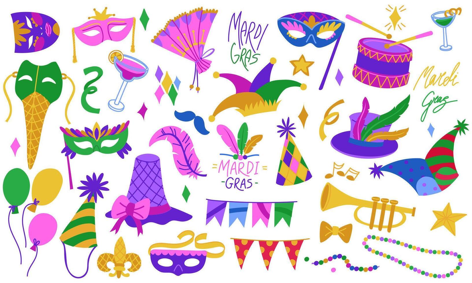 set for Mardi Gras, Flat color. They are suitable for decorating holidays, events, promotional materials and goods related to the celebration of carnival. A vibrant collection of isolated objects vector
