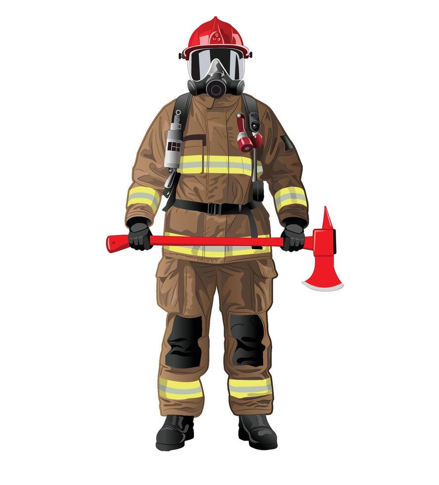 a fireman holding a red big axe in full uniform vector