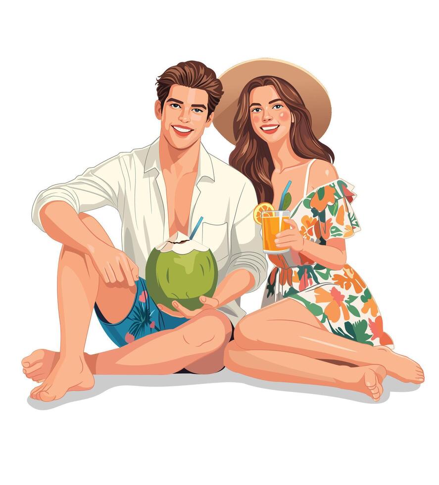 A couple on vacation sitting relaxed enjoying fresh coconut water and orange juice vector