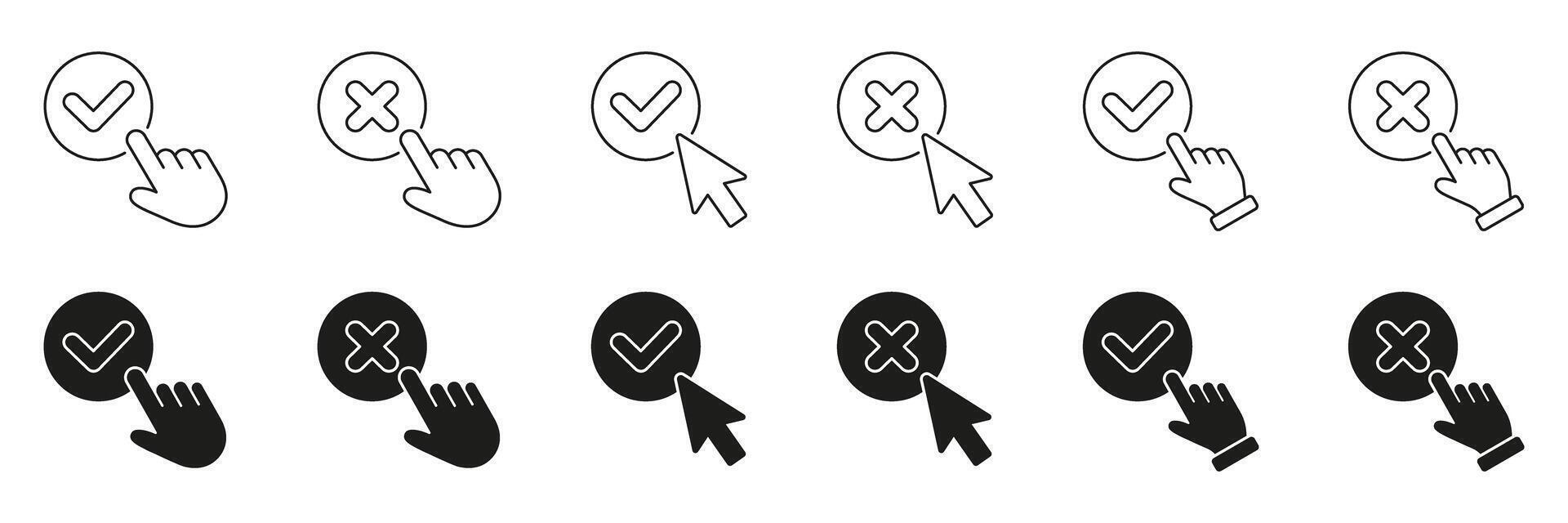 Check And Cross Mark Interaction Line And Solid Icon Set. Click And Cursor Symbol Collection. Isolated Illustration vector