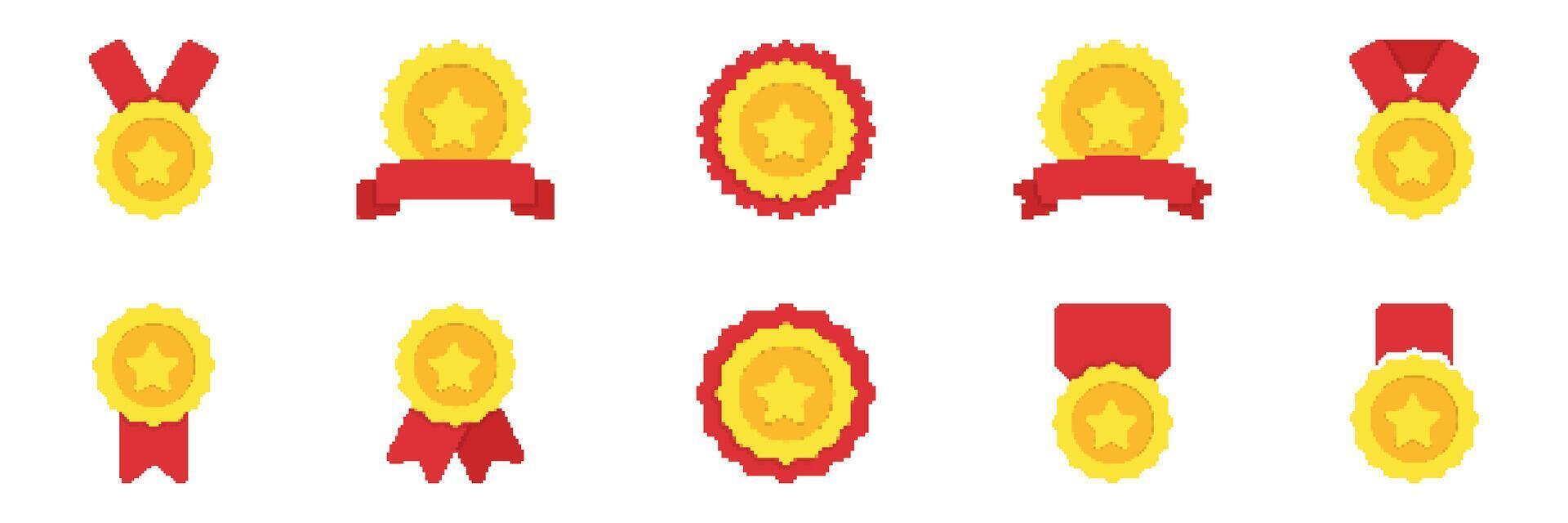 Gold Medal Pixelated Icon Set. Pixel Art Symbol Collection Of Award, Achievement, And Success Icons. Isolated Illustration vector