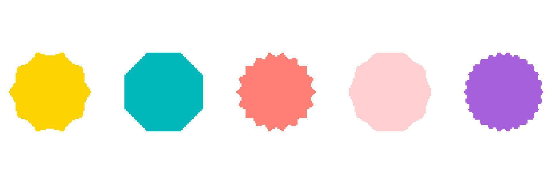Colorful Geometric Shapes Pixelated Icon Set. Pixel Art Symbol Collection Of Colorful Geometric Shapes In Various Designs. Isolated Illustration vector