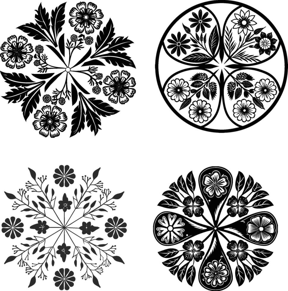 Black and white floral elements set vector