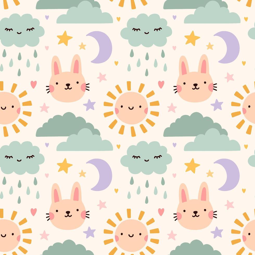 Cute seamless pattern with childish doodles in pastel colors - sun, bunny, rainy cloud, stars, moon. hand-drawn flat illustration. Perfect for print, wrapping paper, wallpaper, fabric, textile. vector