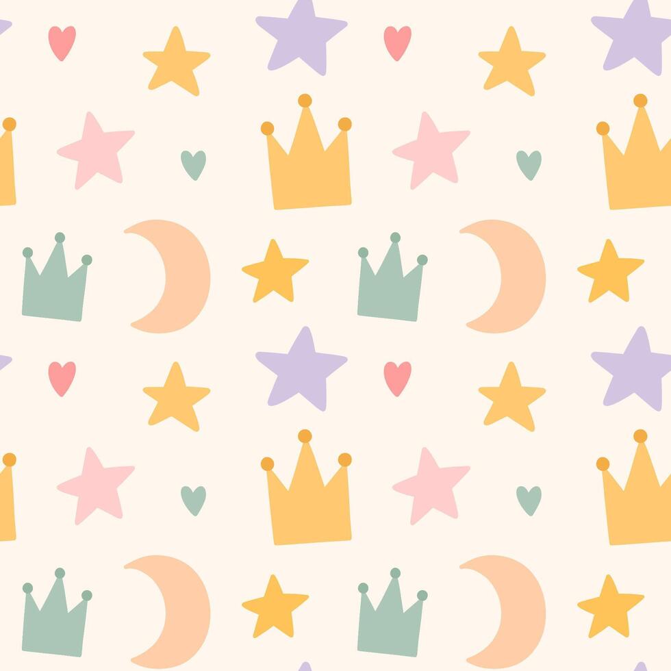 Cute simple seamless pattern with childish doodles in pastel colors - stars, crown, crescent moon. hand-drawn flat illustration. Perfect for print, wrapping paper, wallpaper, fabric, textile. vector
