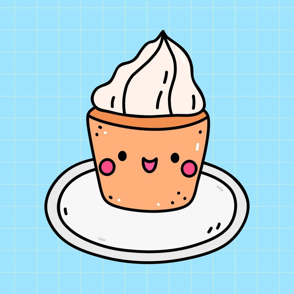 Kawaii cupcake isolated on a blue background. hand-drawn illustration in doodle style. Cute character. Perfect for cards, decorations, stickers, logo, menu, various designs. vector