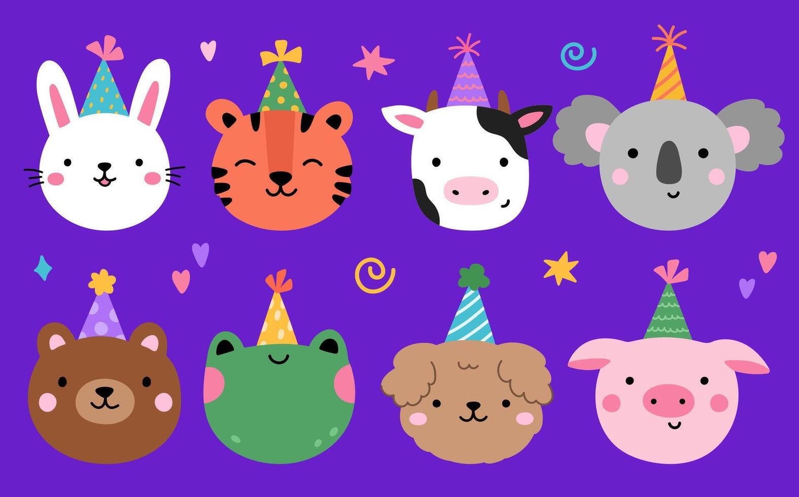 A set of cute animals in festive hats. hand-drawn illustration in flat style. Perfect for decorations, holiday and birthday designs, cards, logo. vector