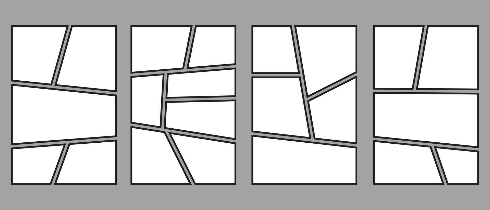 Four different types of blank templates storyboard layout panels comic manga grid collage. Blank page frame for comic book, photo collage, poster, flyer. vector