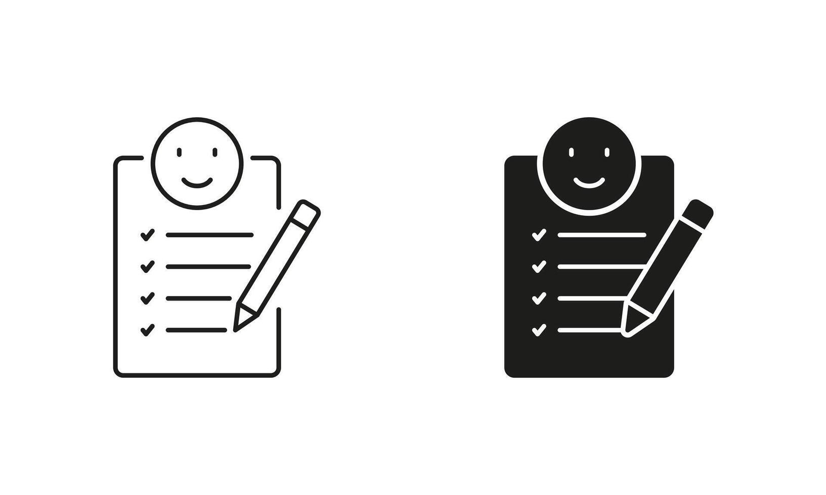 Happy Client, Customer Satisfaction Pictogram. Document With Positive Emoticon Line and Silhouette Icon Set. Agreement Confirmation Symbol. Editable Stroke. Isolated Illustration vector