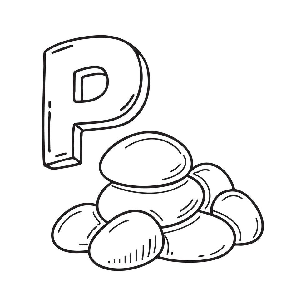 An illustration of letter P stand for pebble vector