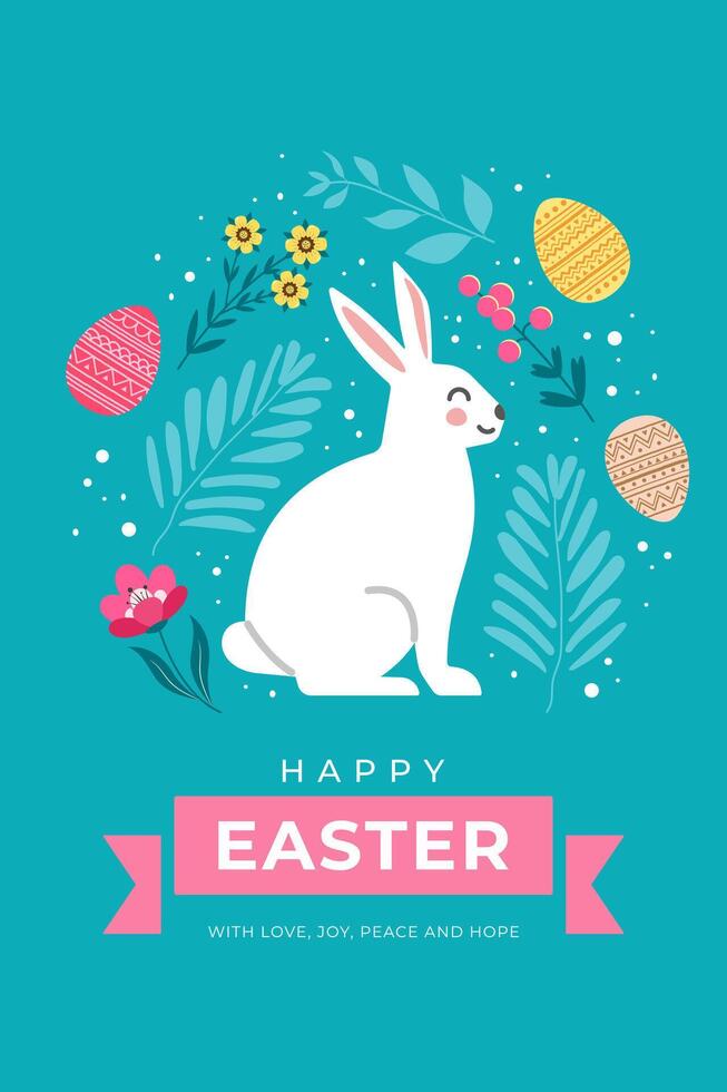 Banner postcard for Easter holiday with a hare and spring flowers around painted multi-colored eggs vector