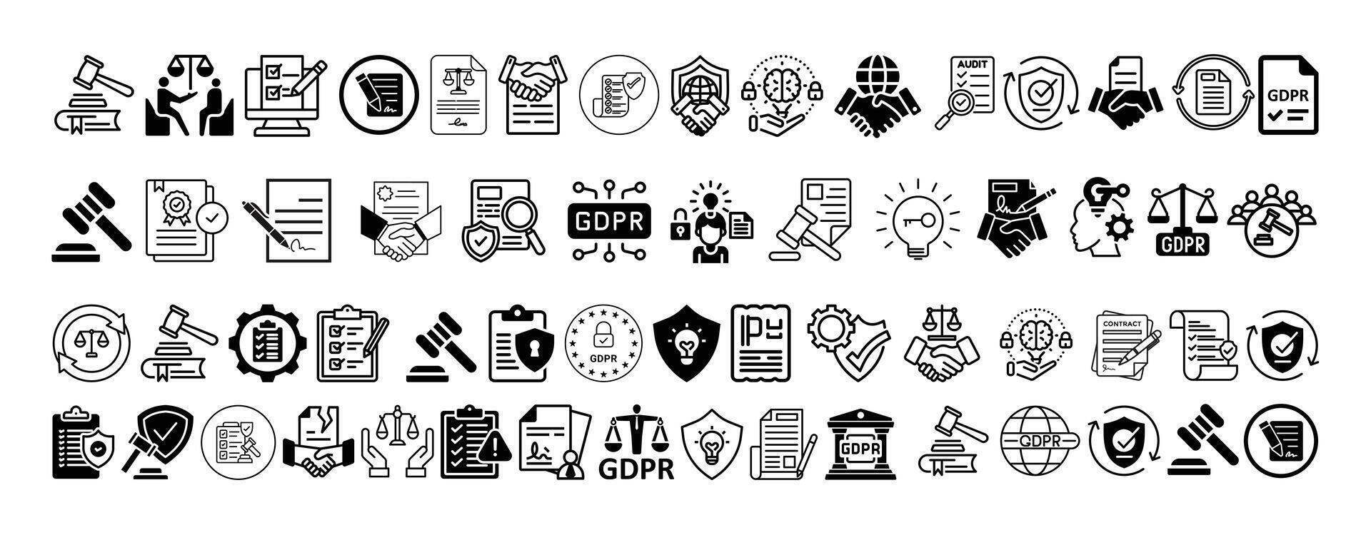Mega icon set collection, Legal, Compliance, Contracts, Policies, GDPR, Corporate and Intellectual Property icon set design. vector