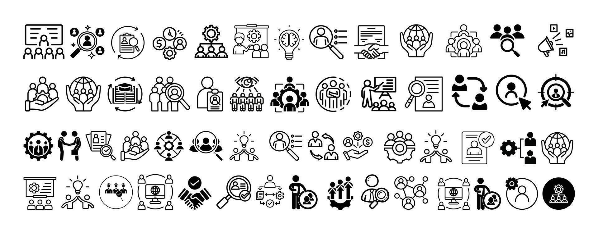 Mega icon collection set, Human Resource, Employee Management, Hiring, Recruitment, Corporate and Training Programs icon set design. vector