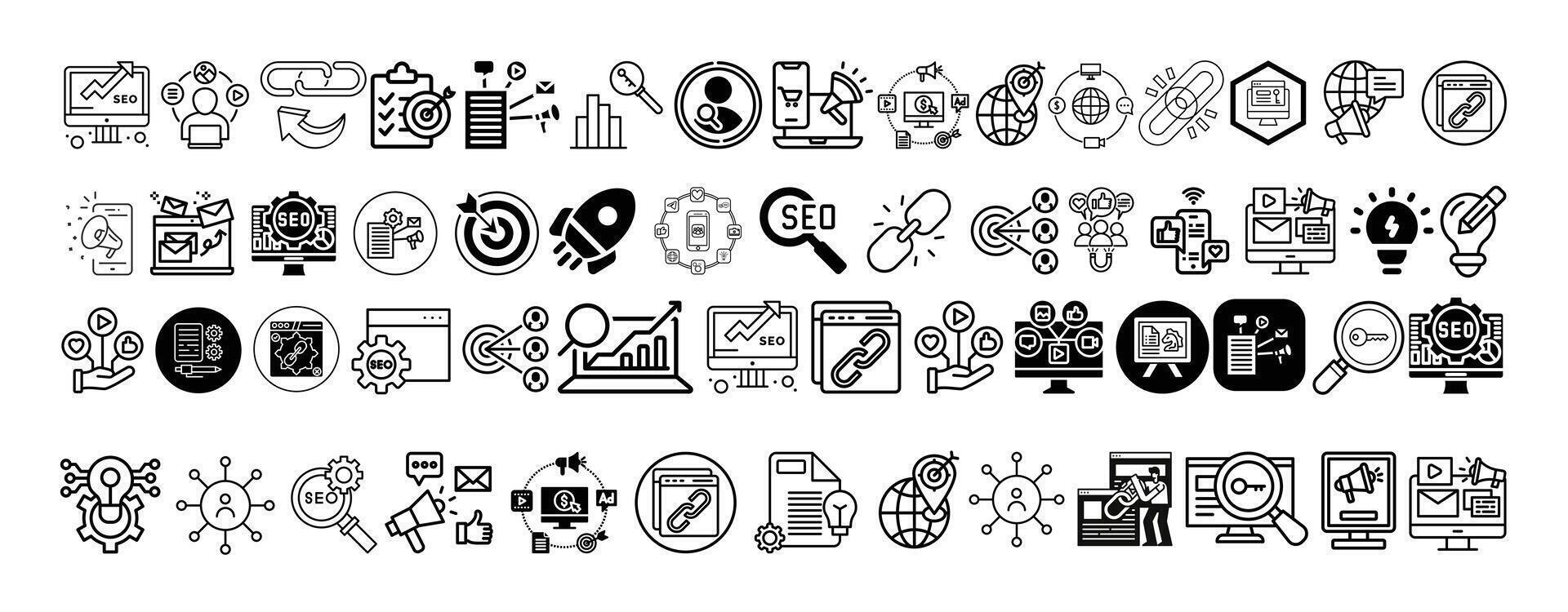Mega icon set collection, Digital Marketing, SEO, Keywords, Backlinks, Business and Content Strategy icon set design. vector