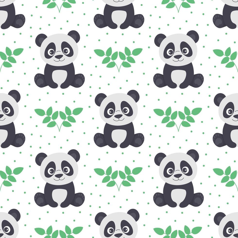 Seamless pattern with pandas. Adorable characters with plants for fabric printing vector