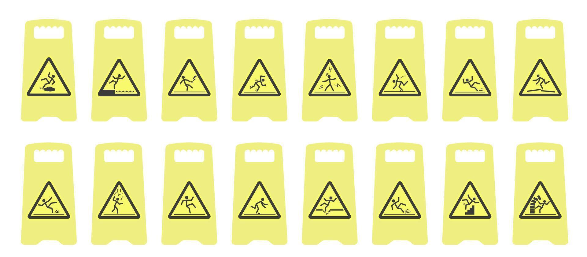 Different types of danger. Risk of injury. Danger warning signs. vector