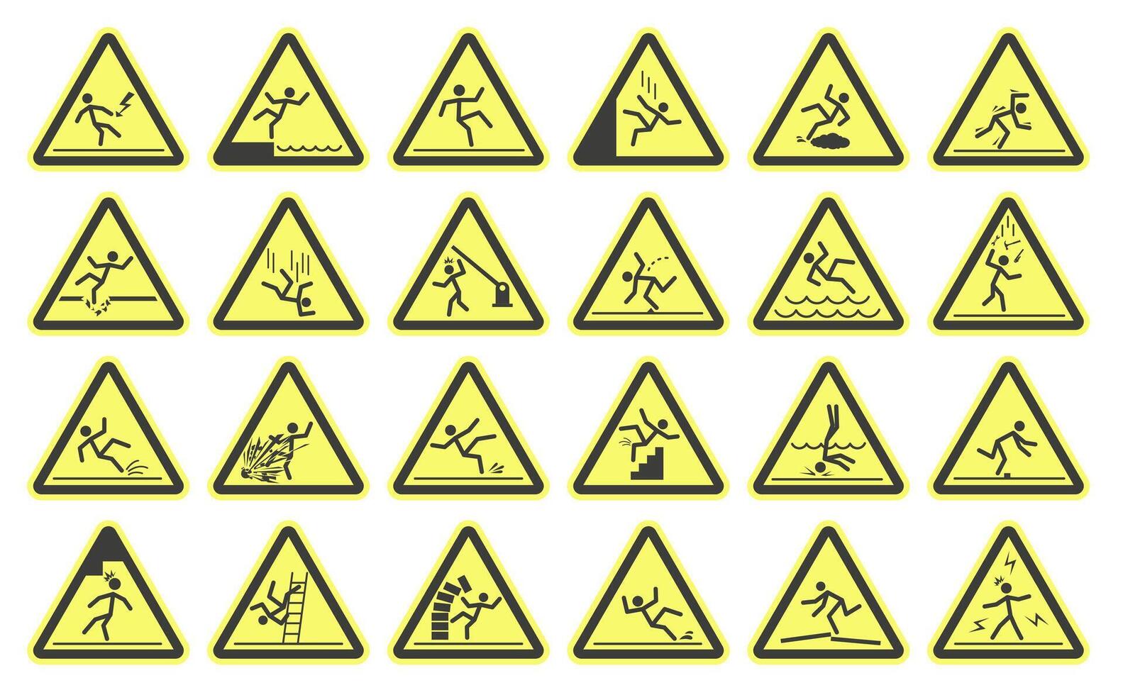 Triangular yellow signs. Different types of danger. vector