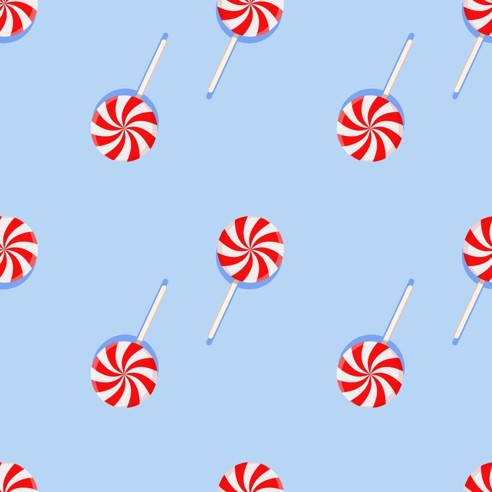 Red and white lollipop seamless pattern on blue background. Graphic design. vector