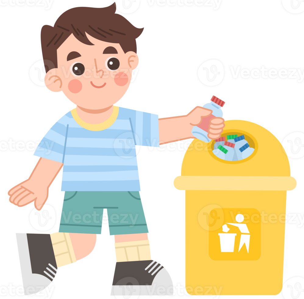 Illustration of little boy recycling waste into trash can png
