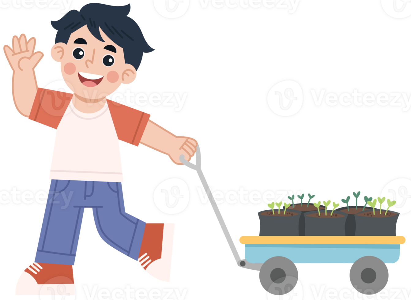 Illustration of Cheerful Boy Pulling Wagon of Seedlings png