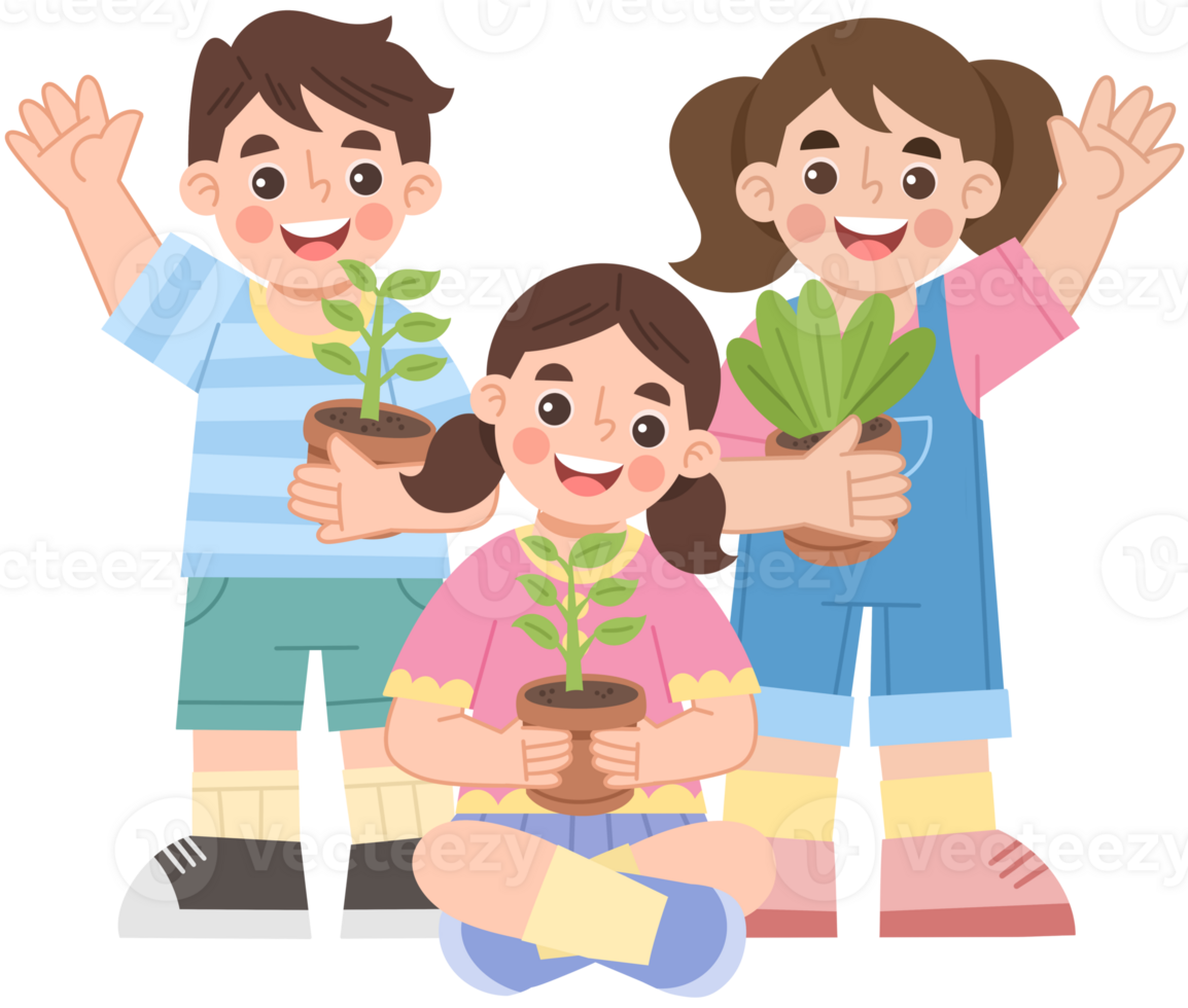 Illustration of Children Holding Potted Plants png