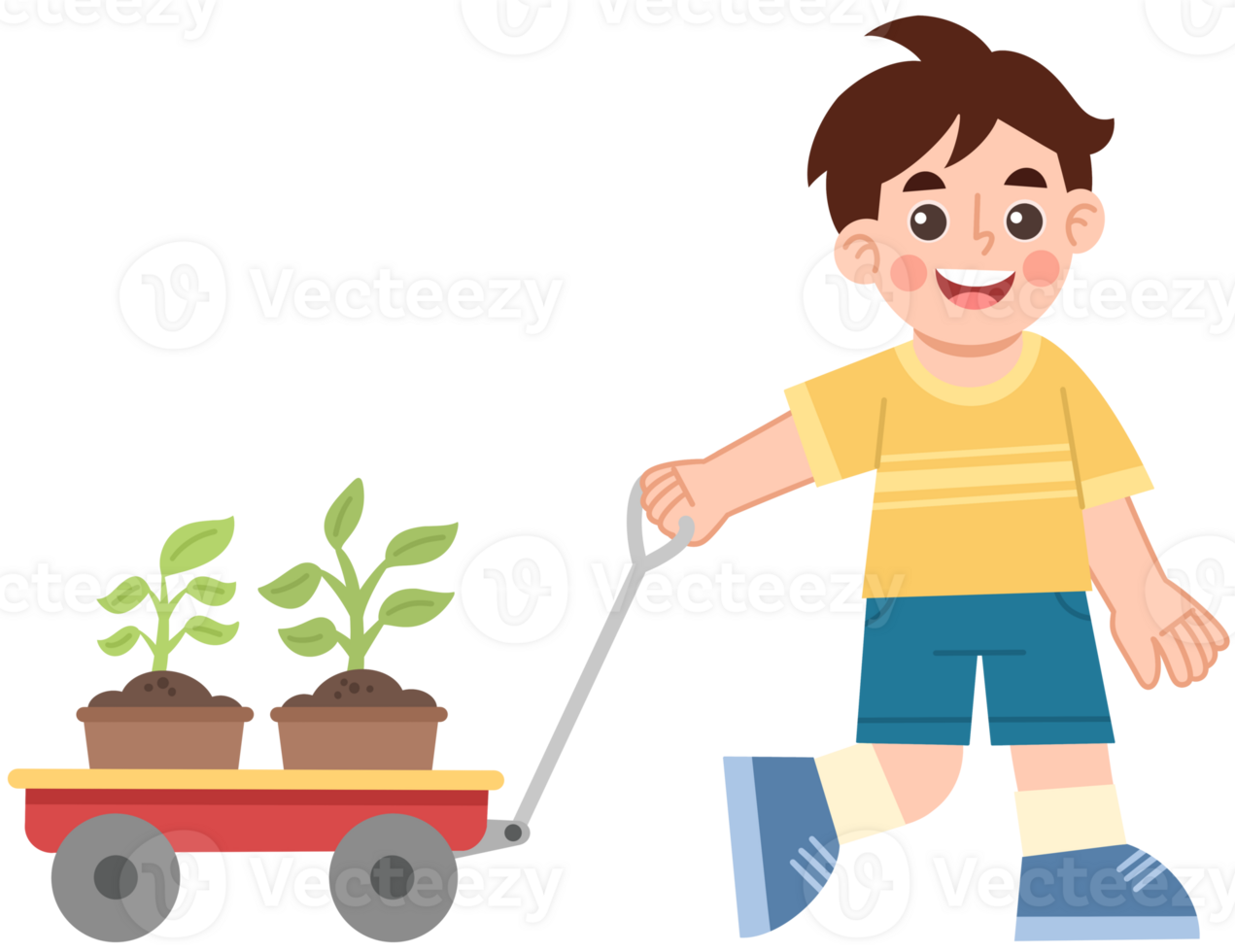 Illustration of Cheerful Boy Pulling Cart with Potted Plants png