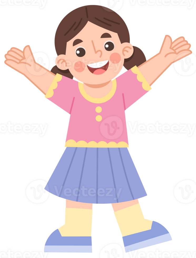 Illustration of Cheerful Cartoon Girl with Arms Raised png