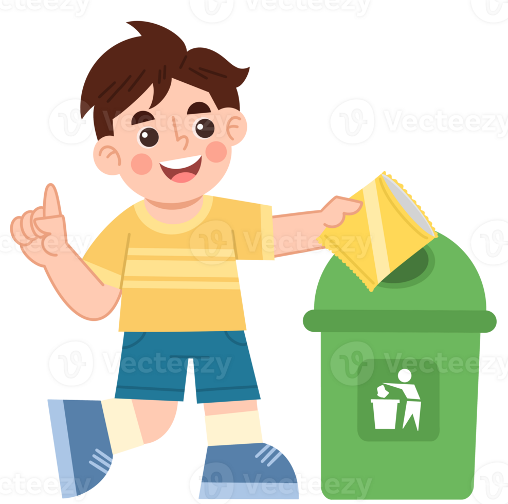 Illustration of boy disposing of waste in green bin png