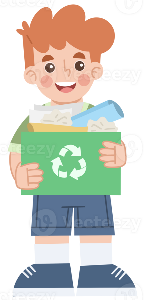 Illustration of boy holding recycling box png