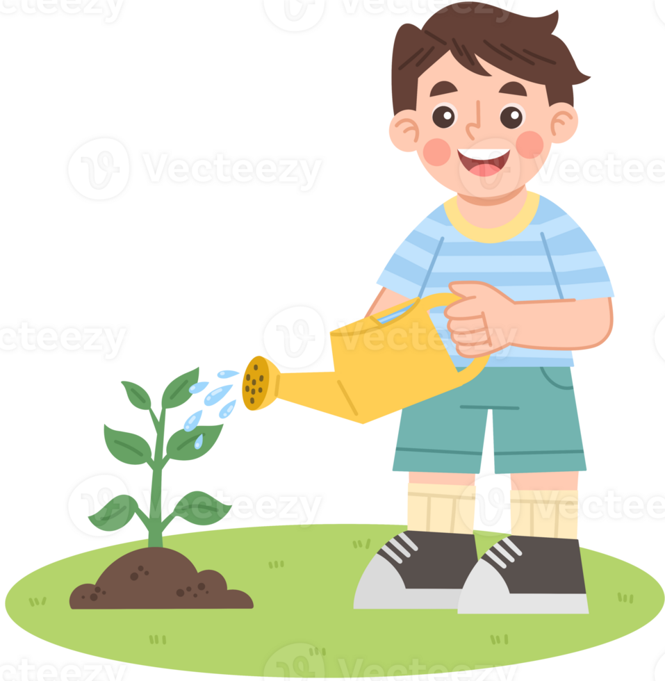 Illustration of a little boy watering plants png