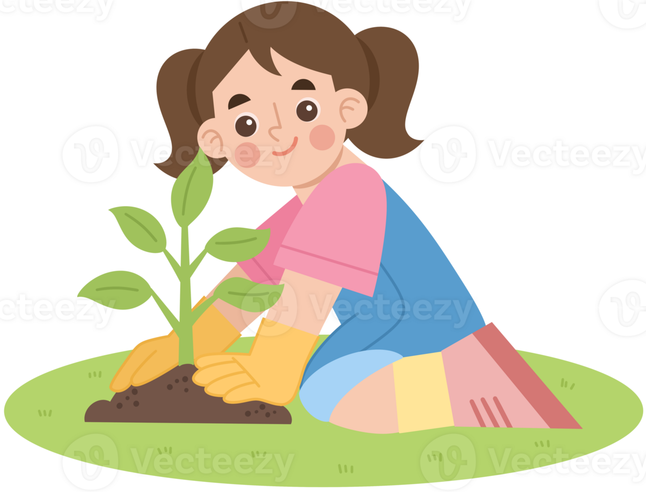 Illustration of a little girl planting plants png