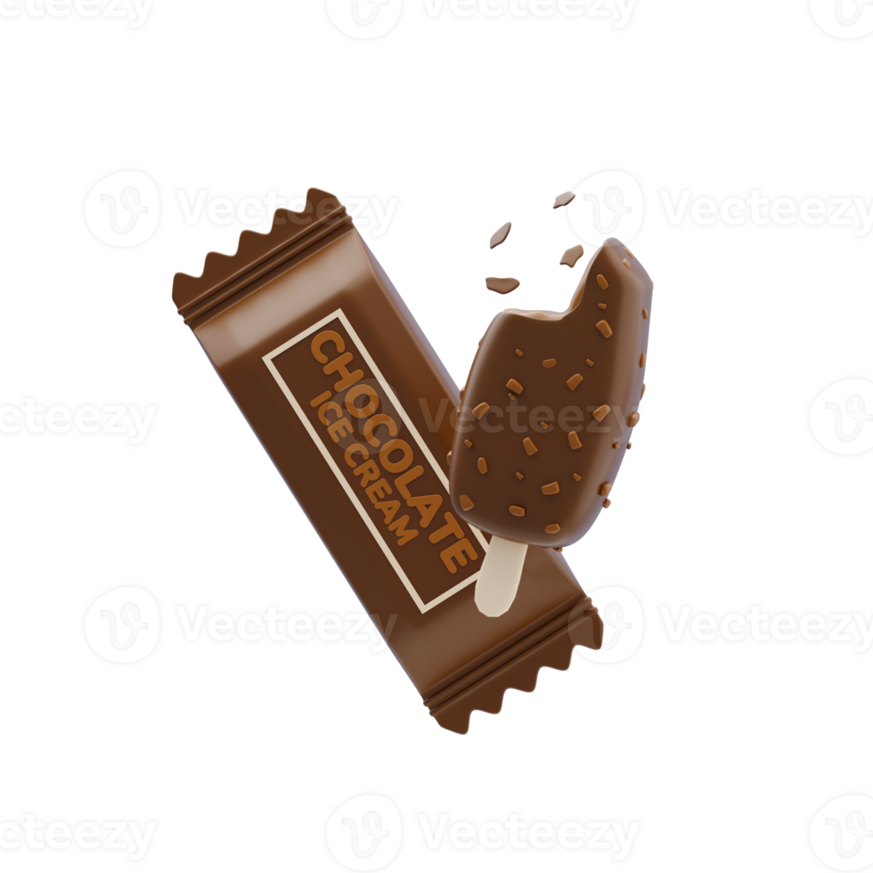 Chocolate Ice Cream 3D Icon. Brown chocolate popsicle with nuts and clean package 3d icon png