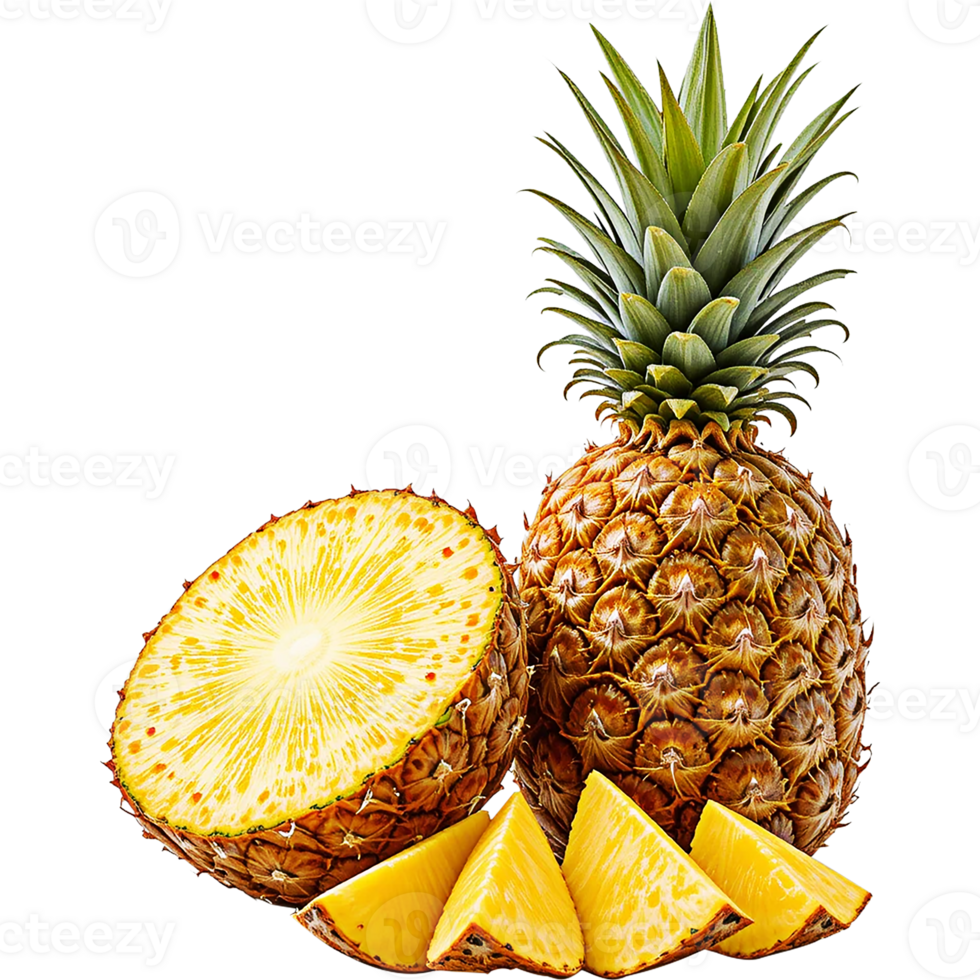 pineapple whole and sliced tropical fruit close-up isolated png