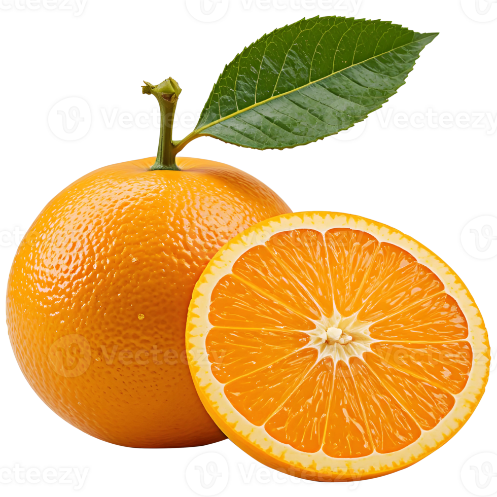 Fresh Juicy Orange half sliced and whole with leaf - Crisp and Vibrant Citrus Fruit isolated png