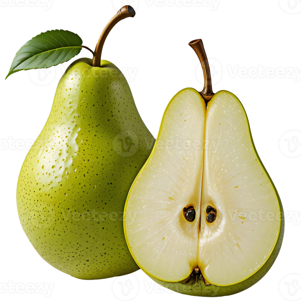 fresh green pear whole and sliced pear isolated png