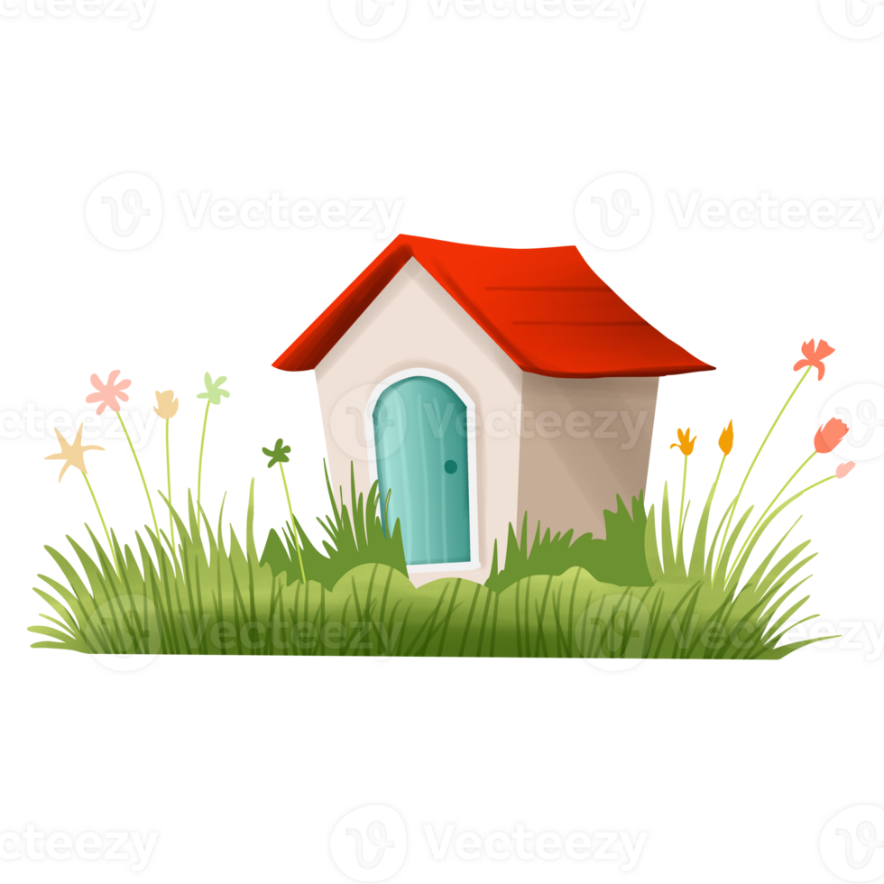 house with grass and flowers on transparent background png