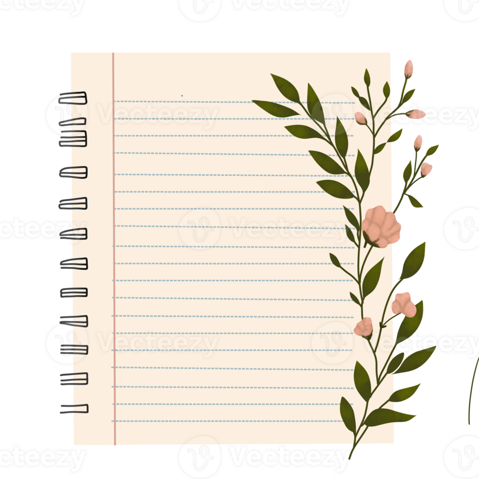 notebook with flowers and leaves on a transparent background png