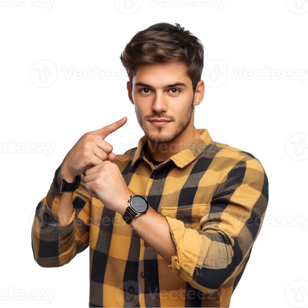 Young man in plaid shirt pointing finger png
