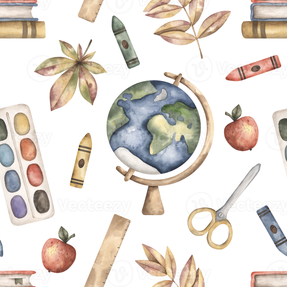 Back to school. Watercolor hand-drawn seamless pattern with globe, school supplies, autumn leaves. png