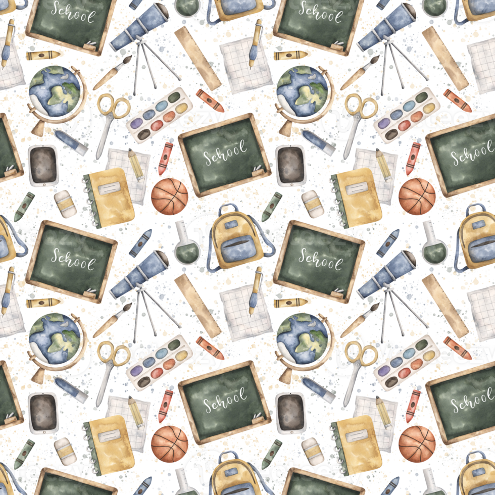 Back to school. Watercolor hand-drawn seamless pattern with globe, tablet, notebook, sheet, blackboard, ball, backpack, telescope and school supplies. png