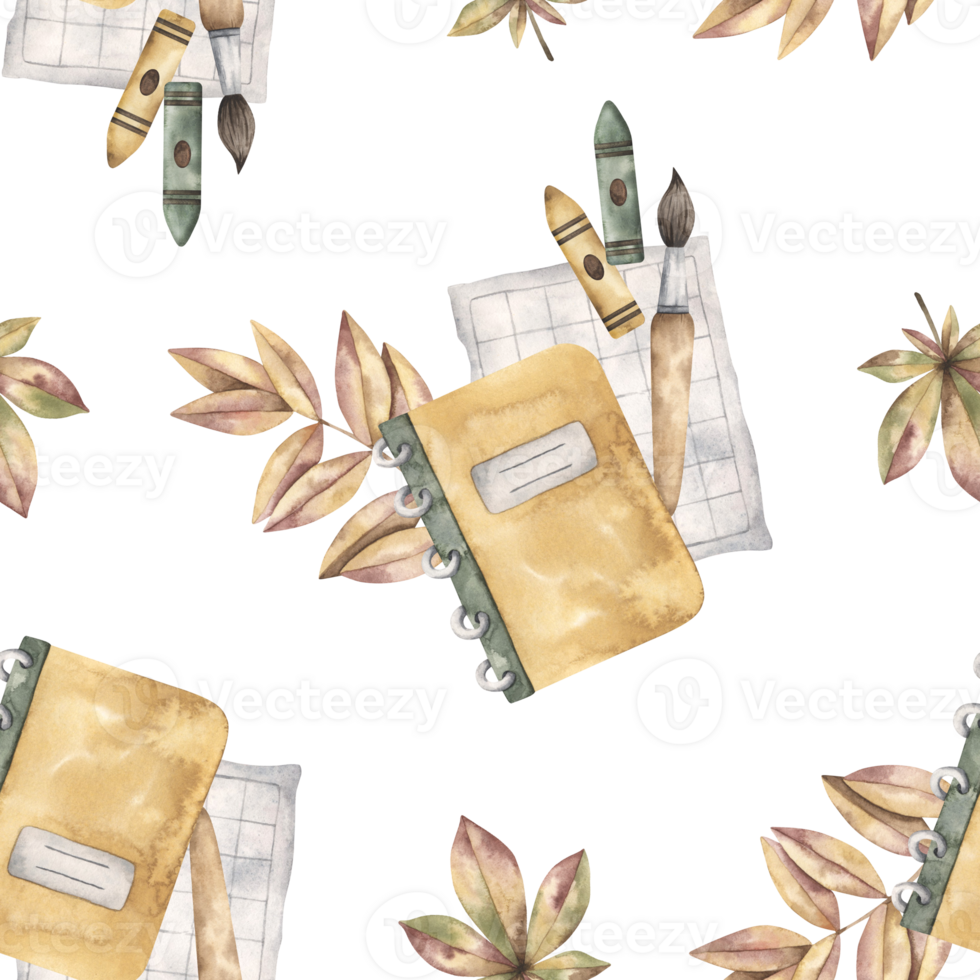 Back to school. Watercolor hand-drawn seamless pattern with notebook, sheet, school supplies and autumn leaves png