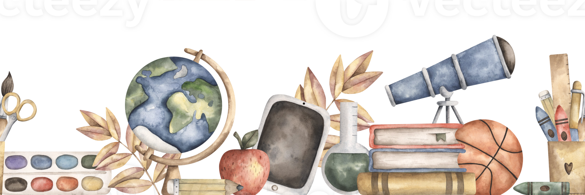 Back to school. Watercolor hand-drawn seamless horizontal board with telescope, globe, school supplies and autumn leaves. png