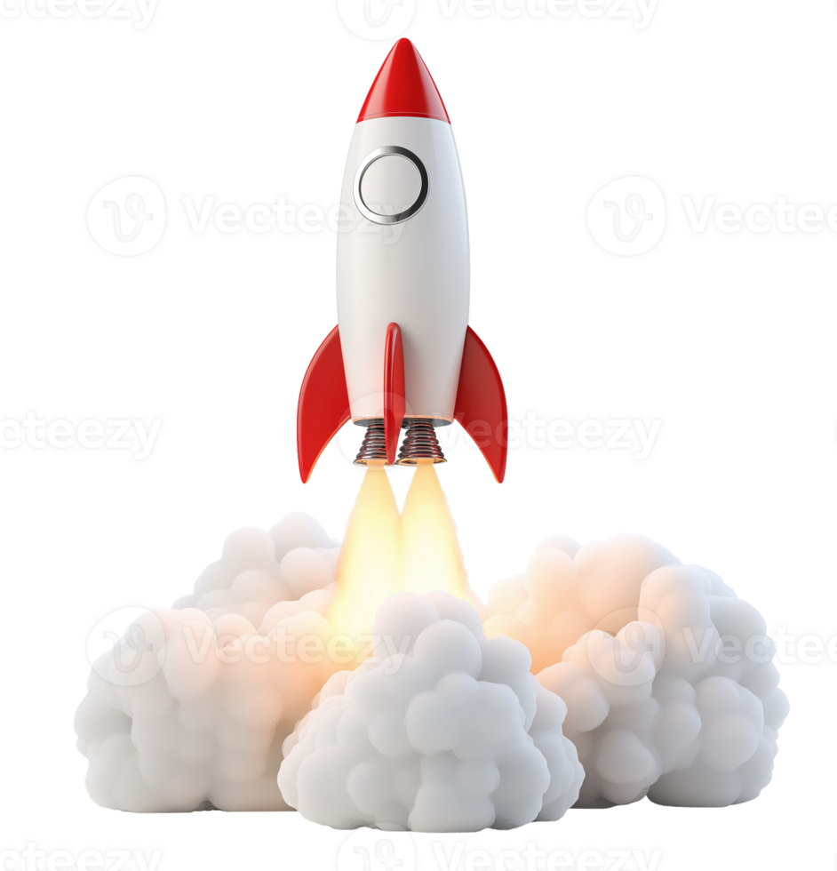 Space launch rocket takeoff transparent image. Mission success. Technology future. Cartoon spaceship isolated cutout 3d render. Business startup cut out clipart design element png