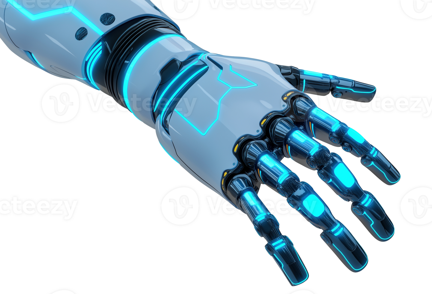 High-tech robotic hand with illuminated design image isolated transparent. Mechanical prosthetics cut out. Advanced robotics prosthesis cutout element object photography png