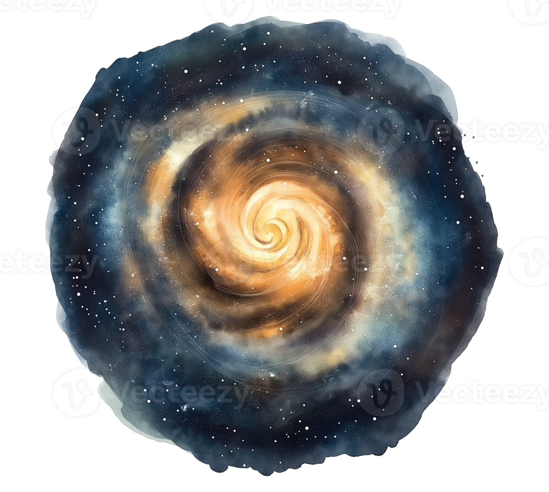 Golden spiral galaxy in cosmic space transparent image. Mesmerizing watercolor painting of dreamy artistic cosmos isolated cutout. Mystical nebula cut out clipart design element png