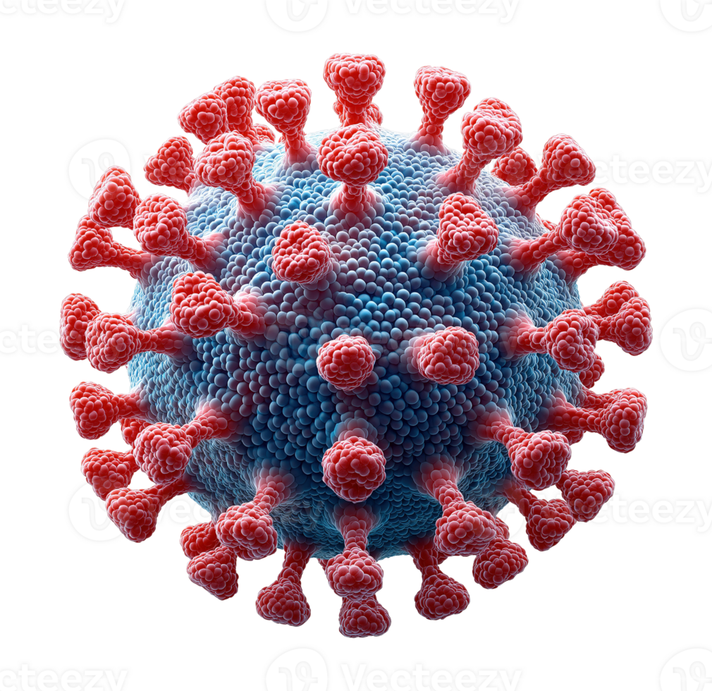 Microscopic virus with blue core and pink spike proteins transparent image. Infectious agent isolated cutout 3d render. Scientific visualization cut out clipart design element png
