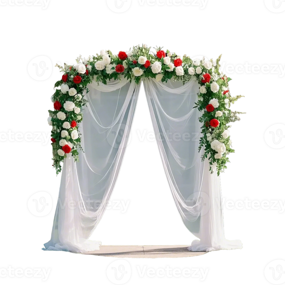 Elegant Wedding Arch with Roses and White Fabric Drapes png