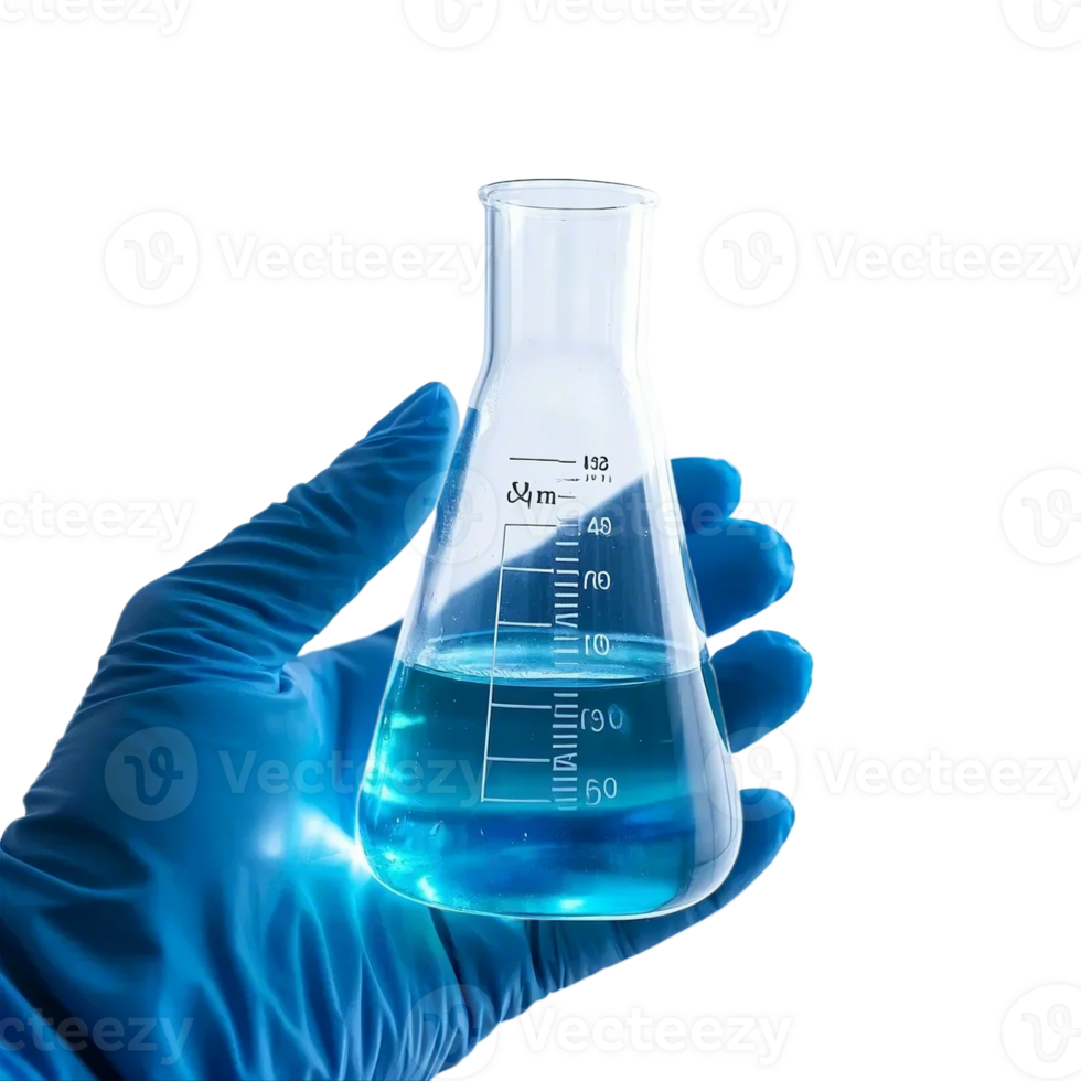 Hand holding a flask with a blue liquid, a chemistry experiment in a laboratory setting png